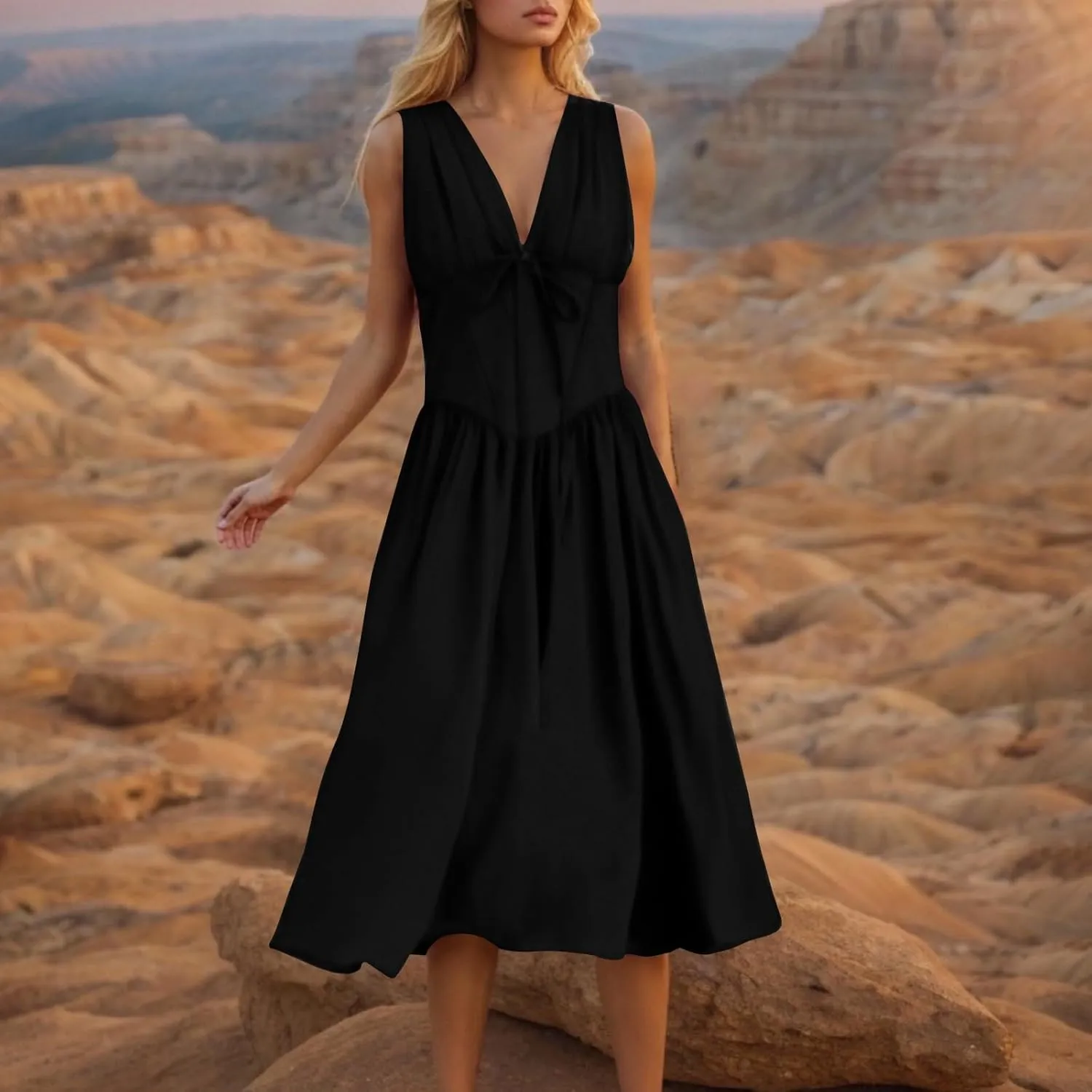 Womens Midi Dresses Plus Size Fashion Solid Color Lace up V-Neck Sleeveless Pleat Tank Dress Summer Beach Sundress
