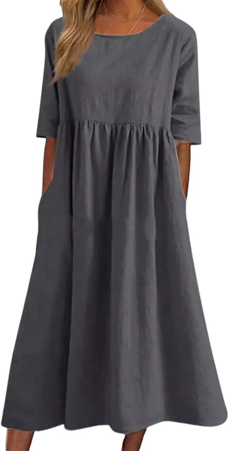 Womens Oversized Baggy Flowy Cotton Linen Maxi Dresses Summer Beach Short Sleeve Round Neck Pleated Dress Sundress