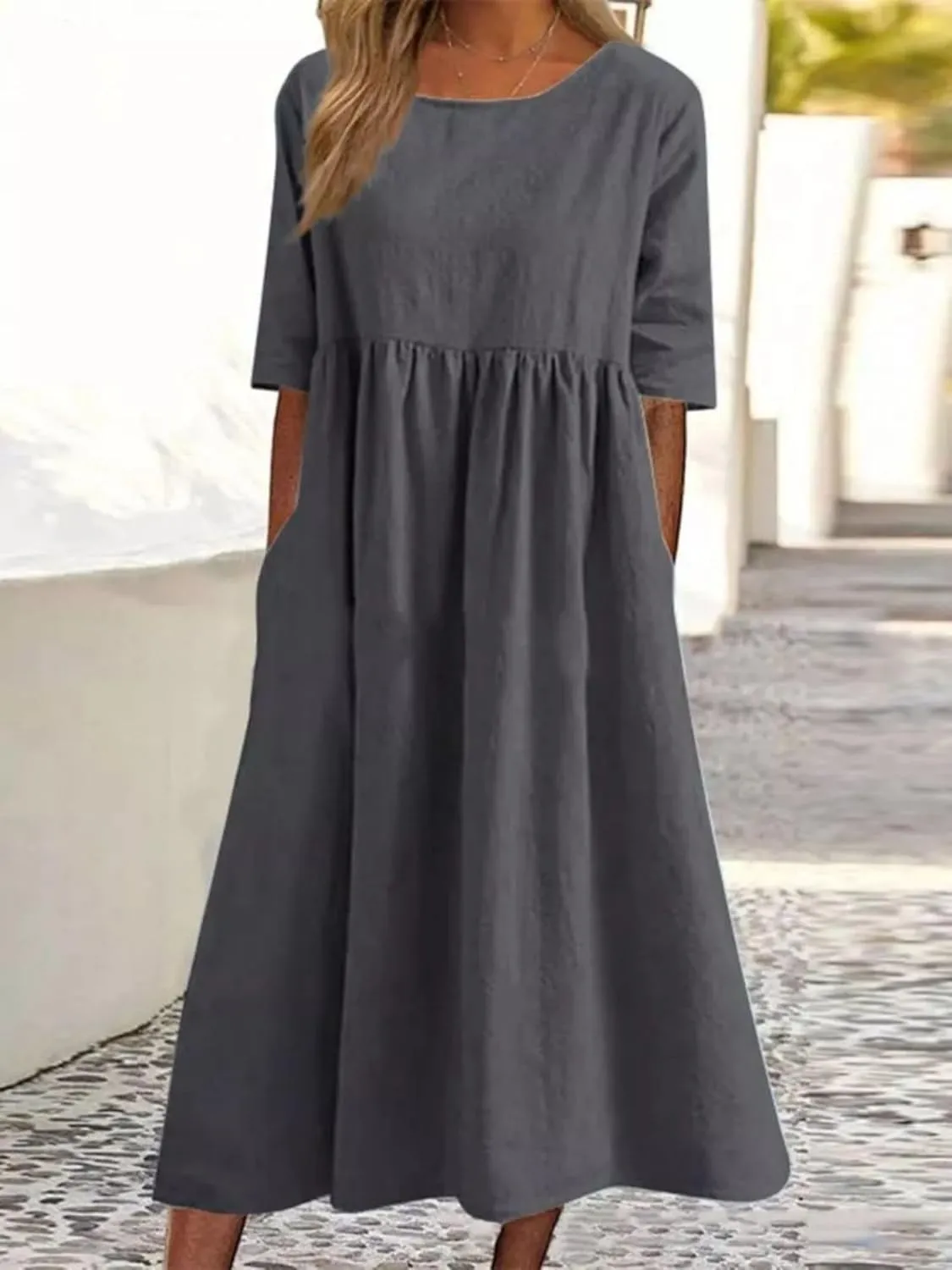 Womens Oversized Baggy Flowy Cotton Linen Maxi Dresses Summer Beach Short Sleeve Round Neck Pleated Dress Sundress