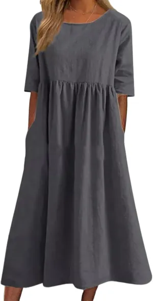 Womens Oversized Baggy Flowy Cotton Linen Maxi Dresses Summer Beach Short Sleeve Round Neck Pleated Dress Sundress