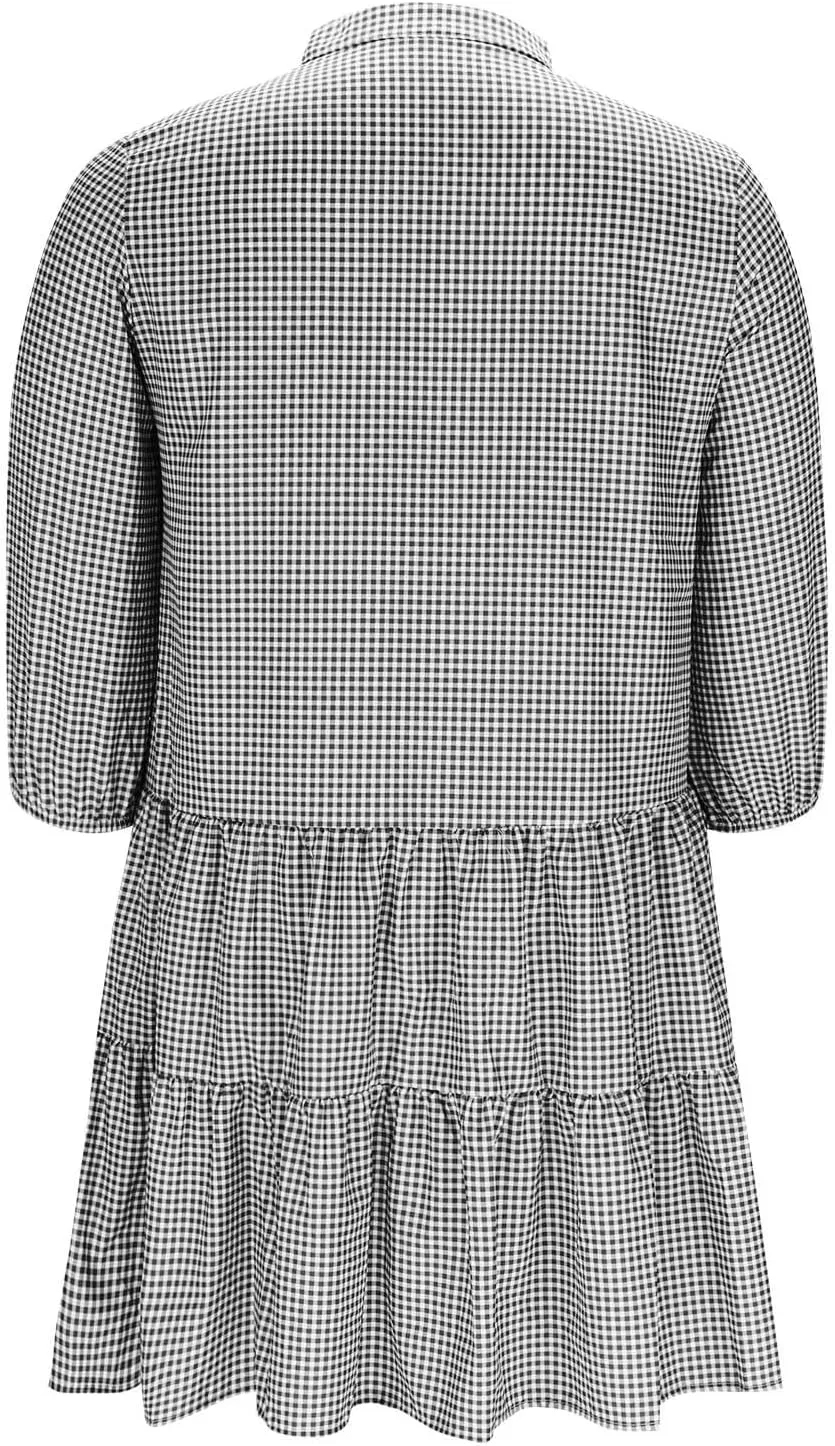 Women's Plaid Button Down Summer Dresses Trendy 2025 Sleeveless V Neck Mini Dress Casual Loose Babydoll Swing Dress