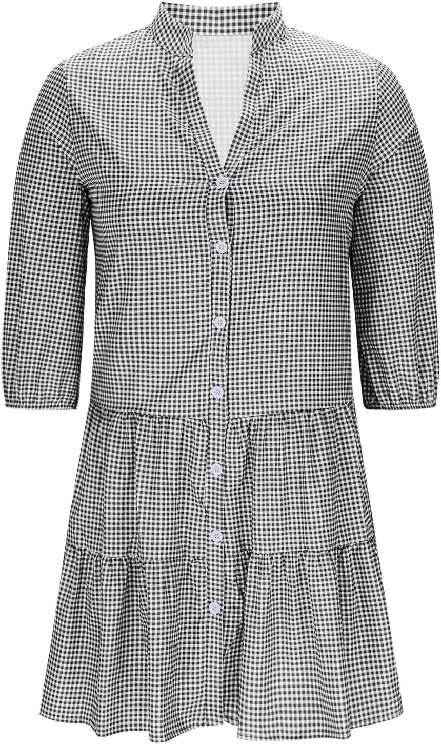 Women's Plaid Button Down Summer Dresses Trendy 2025 Sleeveless V Neck Mini Dress Casual Loose Babydoll Swing Dress