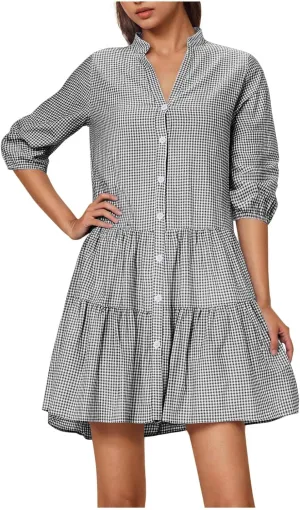 Women's Plaid Button Down Summer Dresses Trendy 2025 Sleeveless V Neck Mini Dress Casual Loose Babydoll Swing Dress