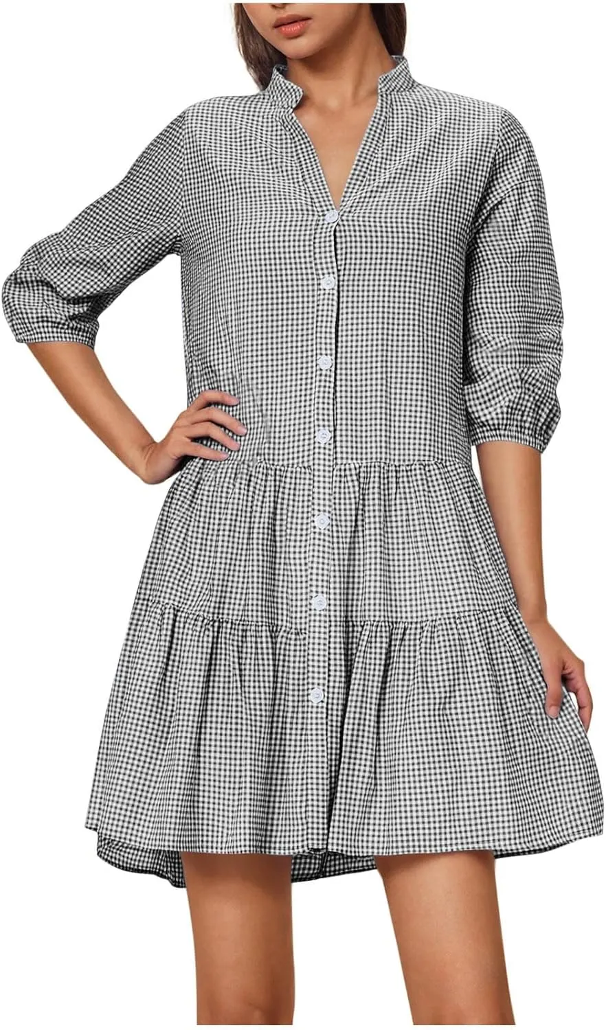 Women's Plaid Button Down Summer Dresses Trendy 2025 Sleeveless V Neck Mini Dress Casual Loose Babydoll Swing Dress