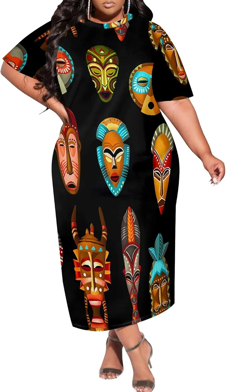 Women's Plus Size Midi Dress African Art Ethnic Style Dress Summer Loose Short Sleeve Round Neck T-Shirt Maxi Dress