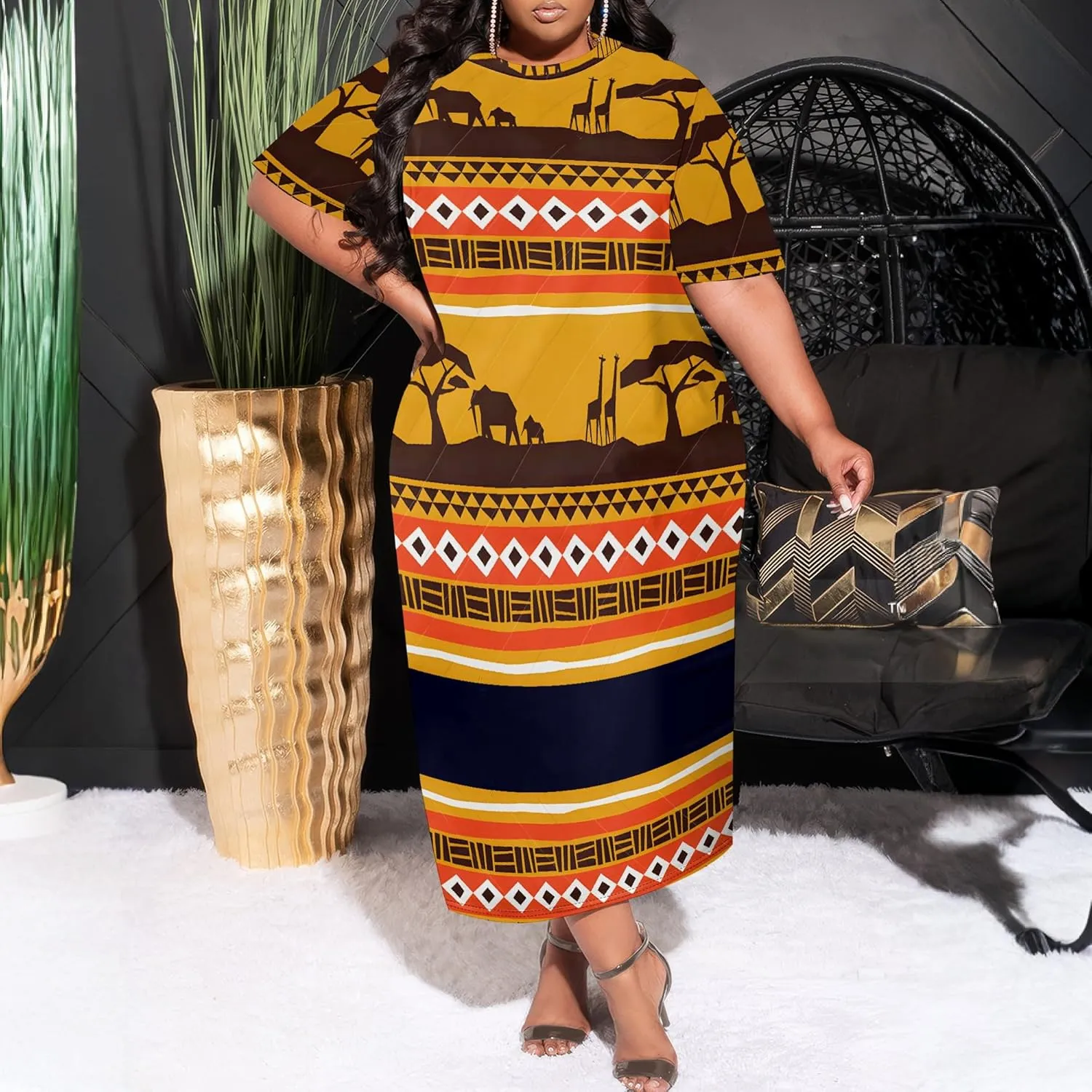 Women's Plus Size Midi Dress African Art Ethnic Style Dress Summer Loose Short Sleeve Round Neck T-Shirt Maxi Dress