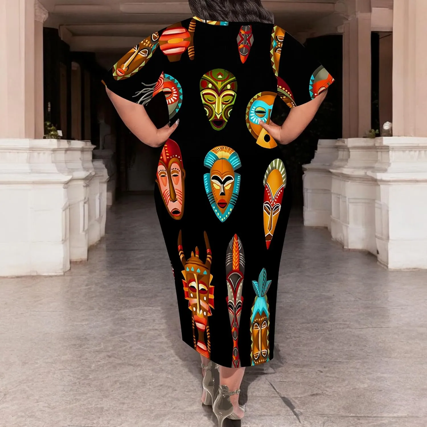 Women's Plus Size Midi Dress African Art Ethnic Style Dress Summer Loose Short Sleeve Round Neck T-Shirt Maxi Dress