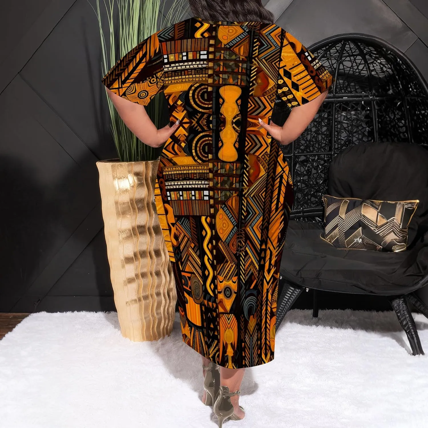Women's Plus Size Midi Dress African Art Ethnic Style Dress Summer Loose Short Sleeve Round Neck T-Shirt Maxi Dress
