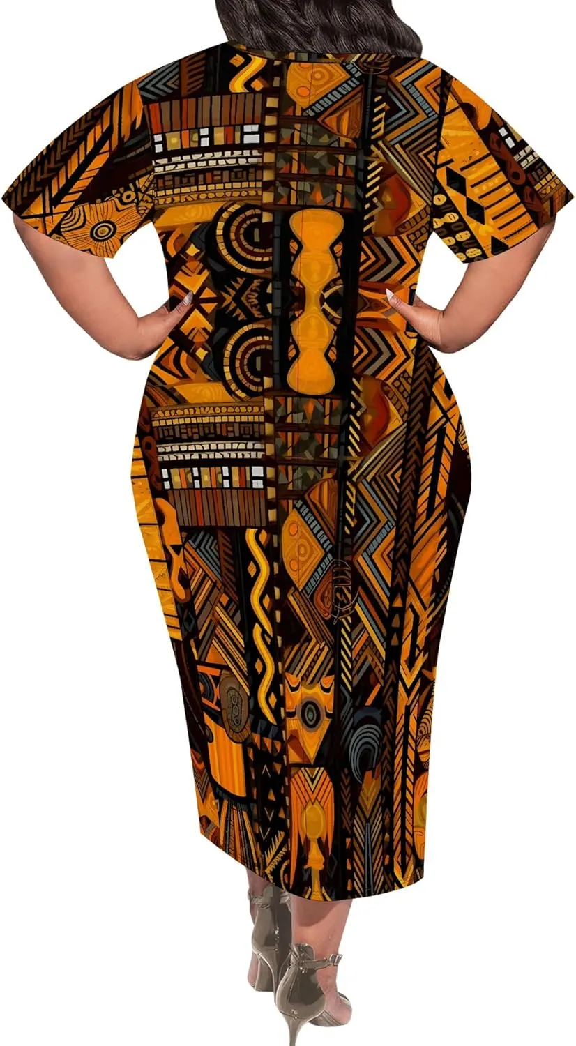 Women's Plus Size Midi Dress African Art Ethnic Style Dress Summer Loose Short Sleeve Round Neck T-Shirt Maxi Dress