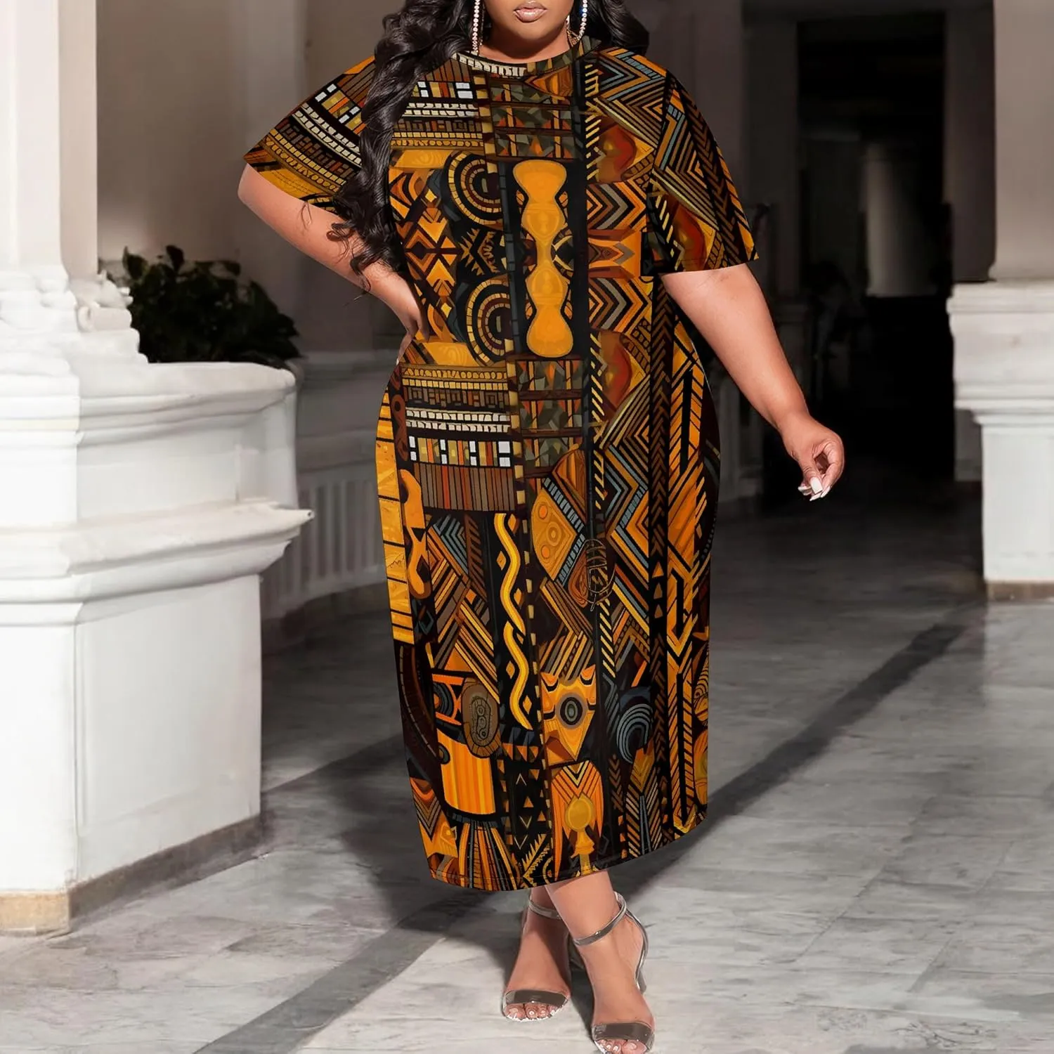 Women's Plus Size Midi Dress African Art Ethnic Style Dress Summer Loose Short Sleeve Round Neck T-Shirt Maxi Dress