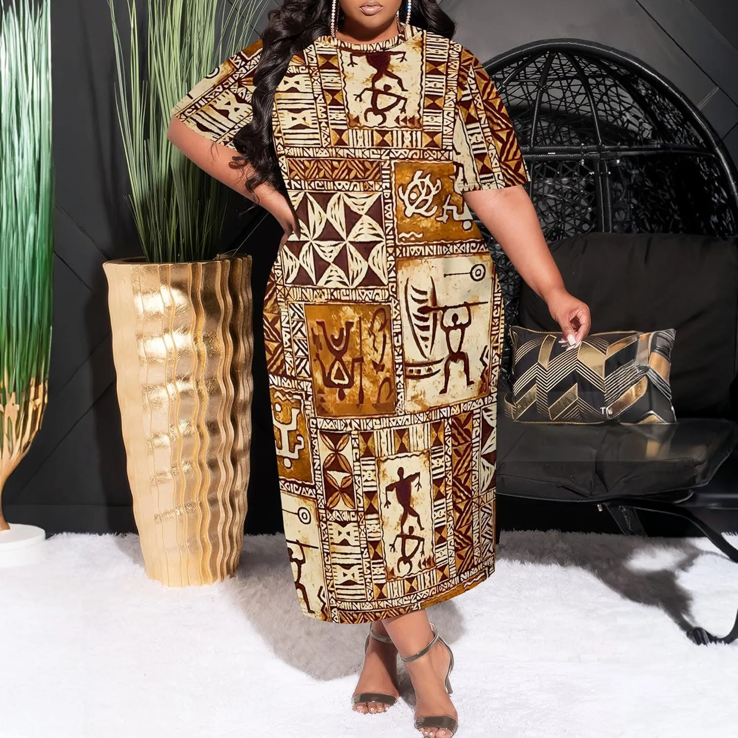 Women's Plus Size Midi Dress African Art Ethnic Style Dress Summer Loose Short Sleeve Round Neck T-Shirt Maxi Dress