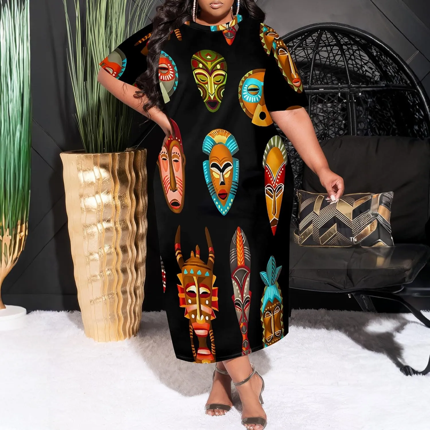 Women's Plus Size Midi Dress African Art Ethnic Style Dress Summer Loose Short Sleeve Round Neck T-Shirt Maxi Dress