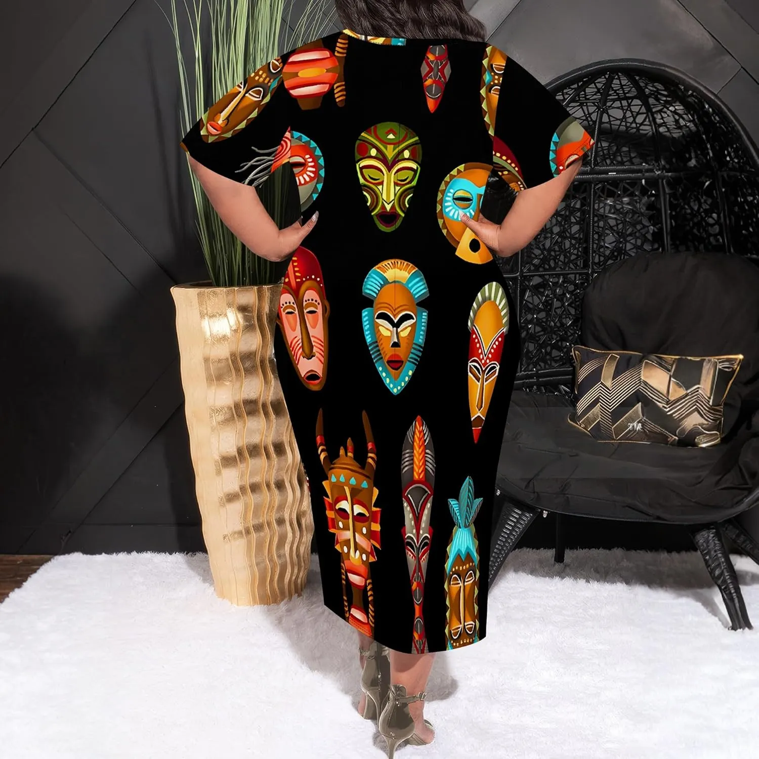 Women's Plus Size Midi Dress African Art Ethnic Style Dress Summer Loose Short Sleeve Round Neck T-Shirt Maxi Dress