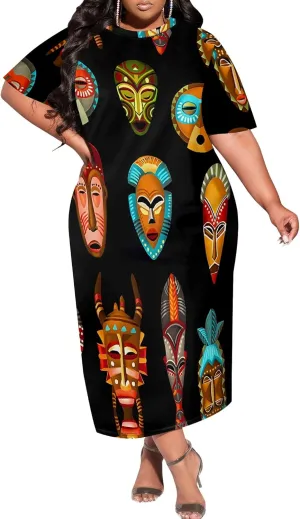 Women's Plus Size Midi Dress African Art Ethnic Style Dress Summer Loose Short Sleeve Round Neck T-Shirt Maxi Dress