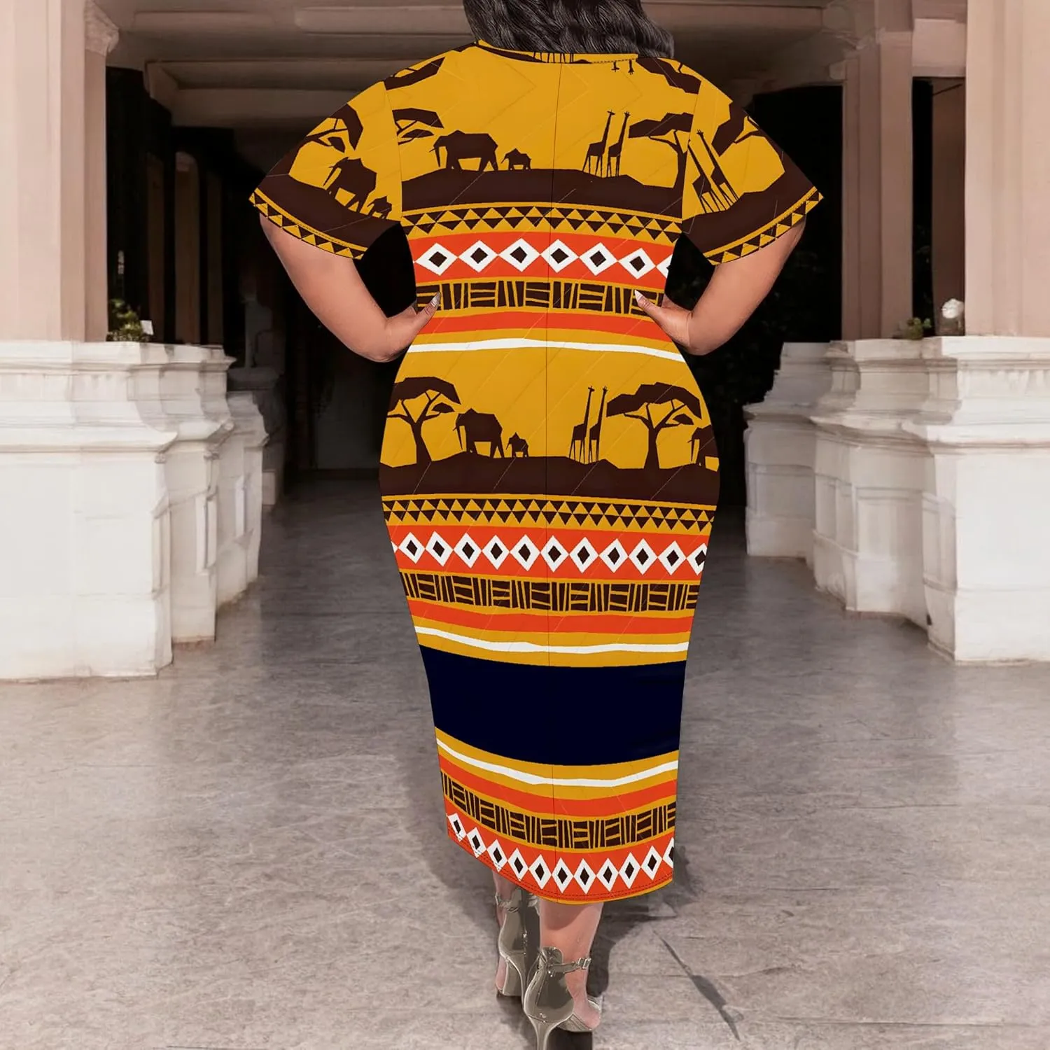 Women's Plus Size Midi Dress African Art Ethnic Style Dress Summer Loose Short Sleeve Round Neck T-Shirt Maxi Dress