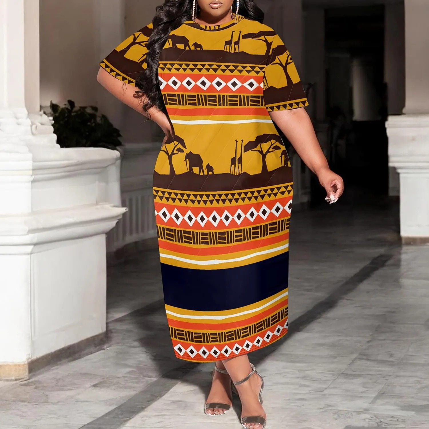 Women's Plus Size Midi Dress African Art Ethnic Style Dress Summer Loose Short Sleeve Round Neck T-Shirt Maxi Dress