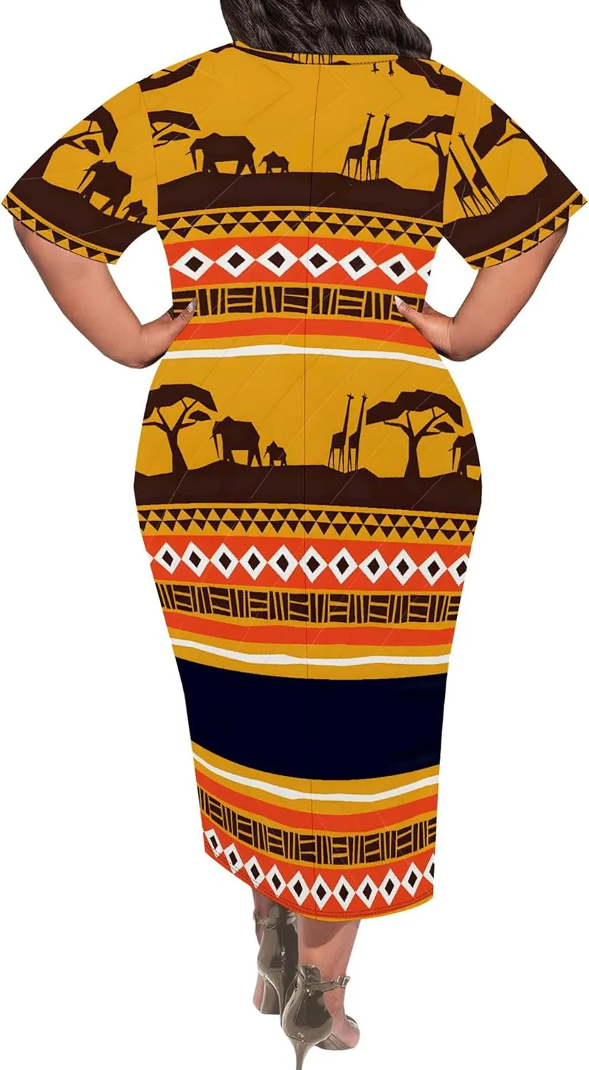Women's Plus Size Midi Dress African Art Ethnic Style Dress Summer Loose Short Sleeve Round Neck T-Shirt Maxi Dress