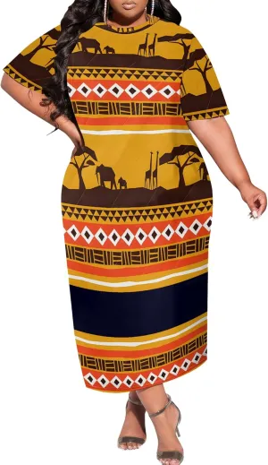 Women's Plus Size Midi Dress African Art Ethnic Style Dress Summer Loose Short Sleeve Round Neck T-Shirt Maxi Dress