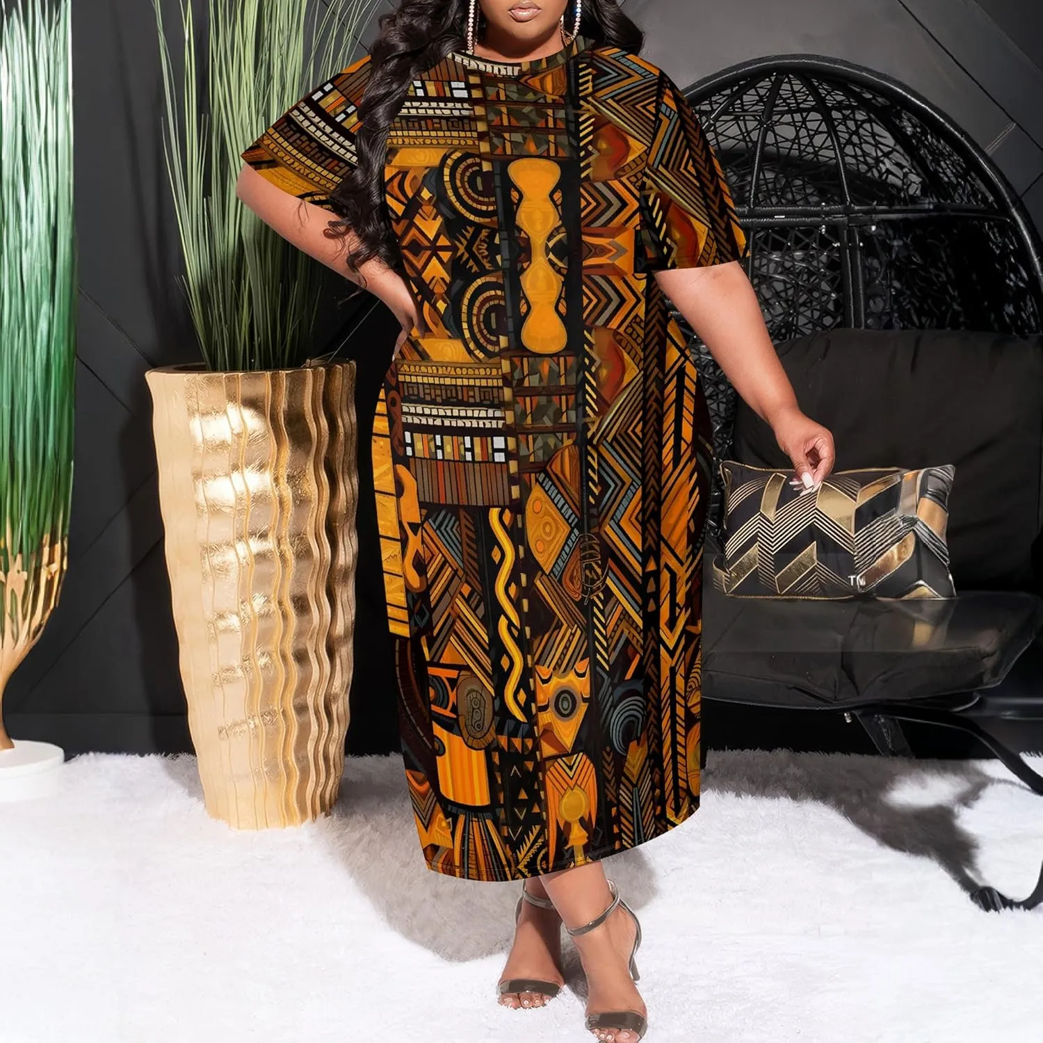 Women's Plus Size Midi Dress African Art Ethnic Style Dress Summer Loose Short Sleeve Round Neck T-Shirt Maxi Dress
