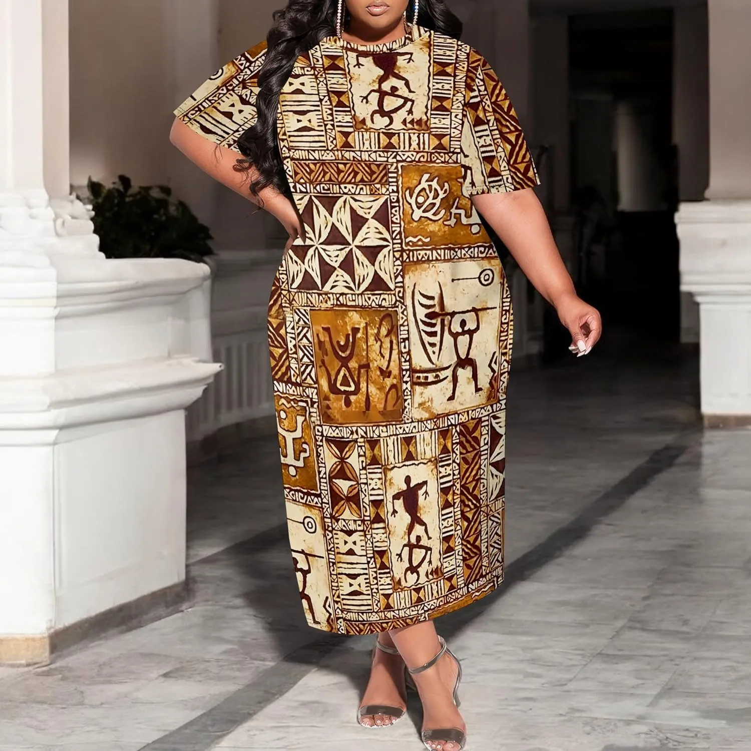 Women's Plus Size Midi Dress African Art Ethnic Style Dress Summer Loose Short Sleeve Round Neck T-Shirt Maxi Dress