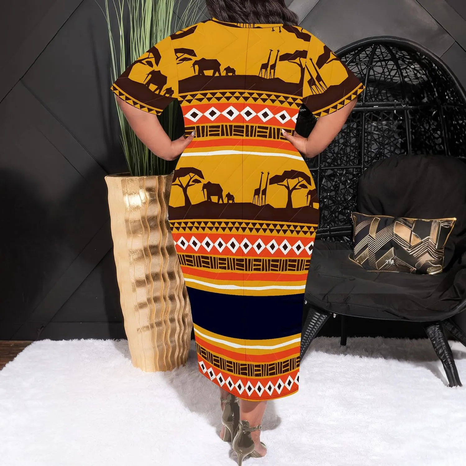 Women's Plus Size Midi Dress African Art Ethnic Style Dress Summer Loose Short Sleeve Round Neck T-Shirt Maxi Dress