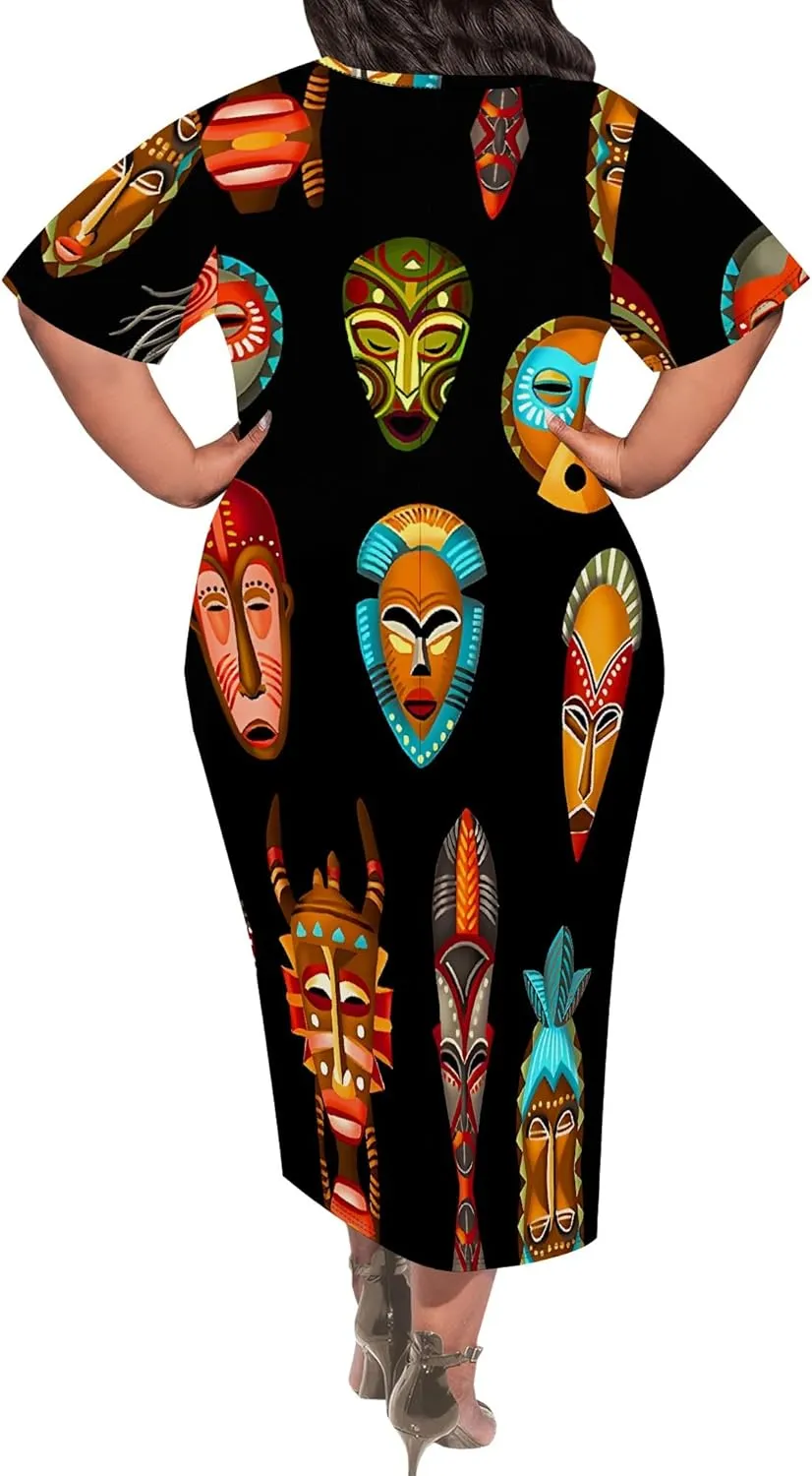 Women's Plus Size Midi Dress African Art Ethnic Style Dress Summer Loose Short Sleeve Round Neck T-Shirt Maxi Dress