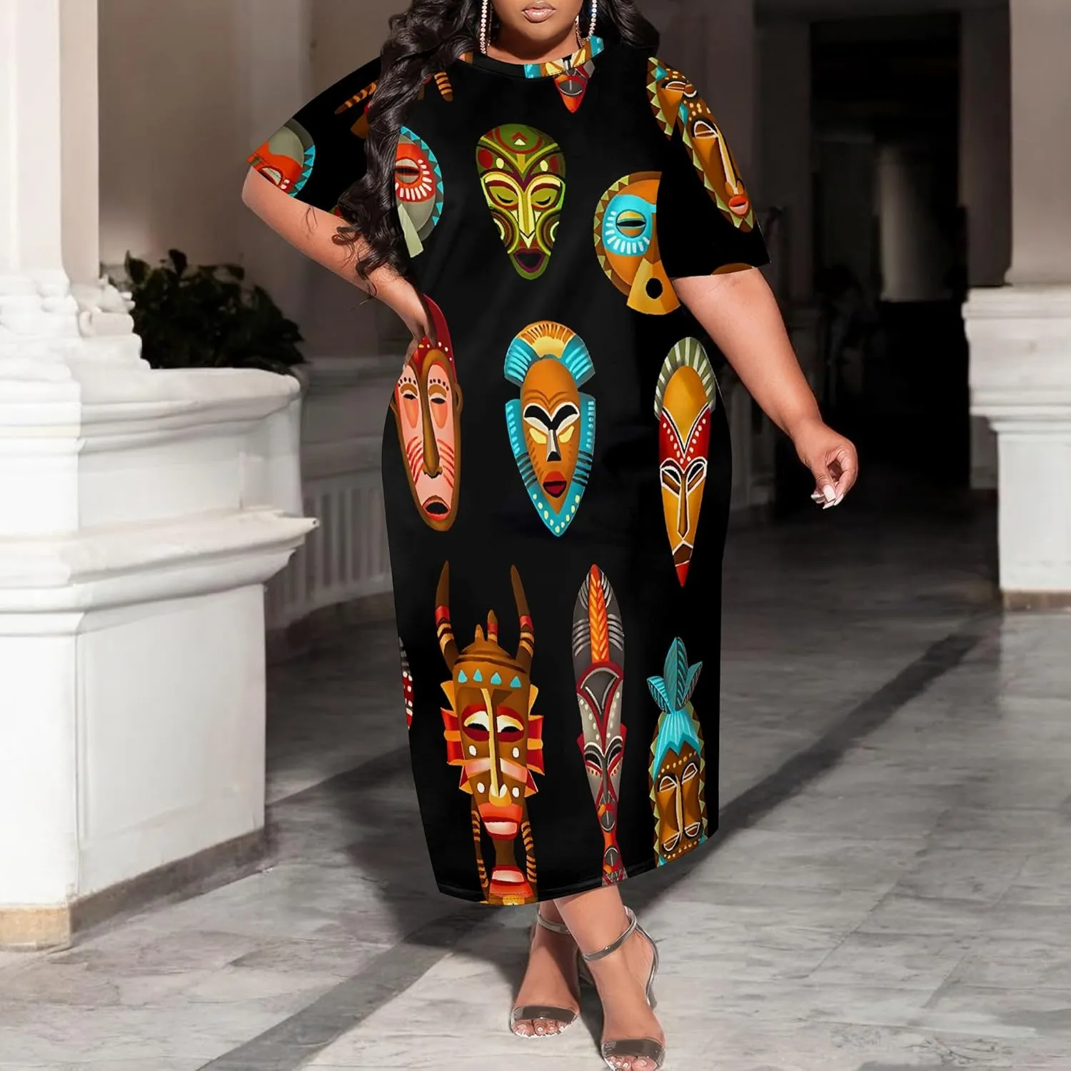 Women's Plus Size Midi Dress African Art Ethnic Style Dress Summer Loose Short Sleeve Round Neck T-Shirt Maxi Dress