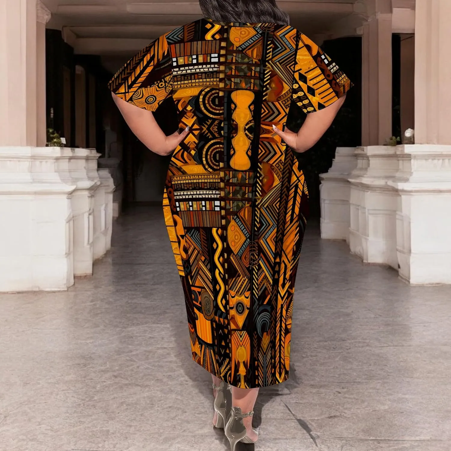 Women's Plus Size Midi Dress African Art Ethnic Style Dress Summer Loose Short Sleeve Round Neck T-Shirt Maxi Dress