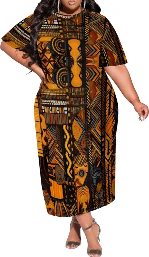 Women's Plus Size Midi Dress African Art Ethnic Style Dress Summer Loose Short Sleeve Round Neck T-Shirt Maxi Dress