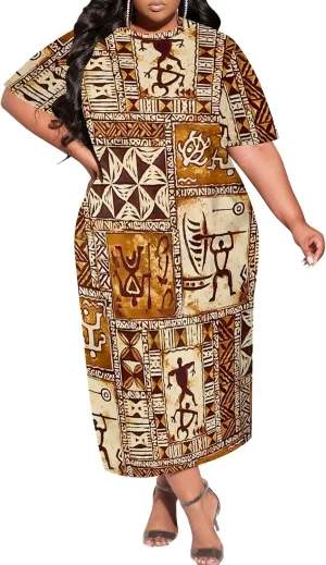 Women's Plus Size Midi Dress African Art Ethnic Style Dress Summer Loose Short Sleeve Round Neck T-Shirt Maxi Dress