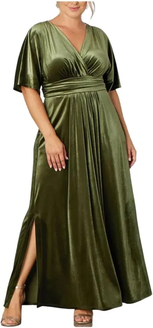 Womens Plus Size Short Sleeve Flowy Midi Dresses Summer Casual V Neck Dress Solid Cocktail Party Dress with Pockets