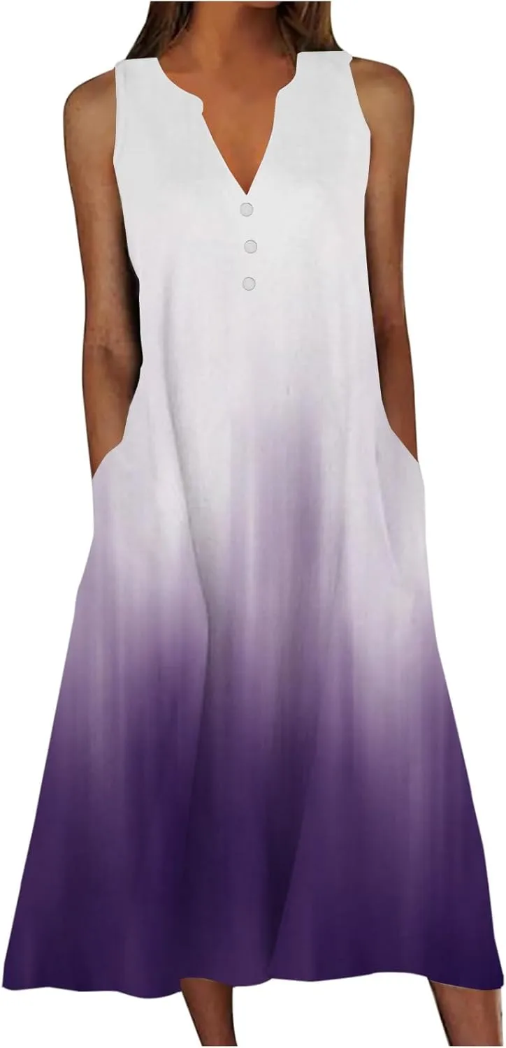 Women's Plus Size Summer Floral Print Casual Dress Vintage Sleeveless Neck V-Neck Long Tank Dress with Pockets