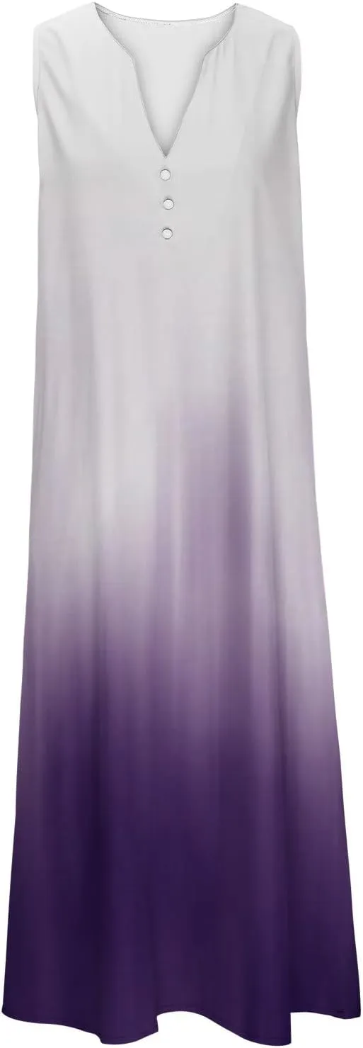 Women's Plus Size Summer Floral Print Casual Dress Vintage Sleeveless Neck V-Neck Long Tank Dress with Pockets