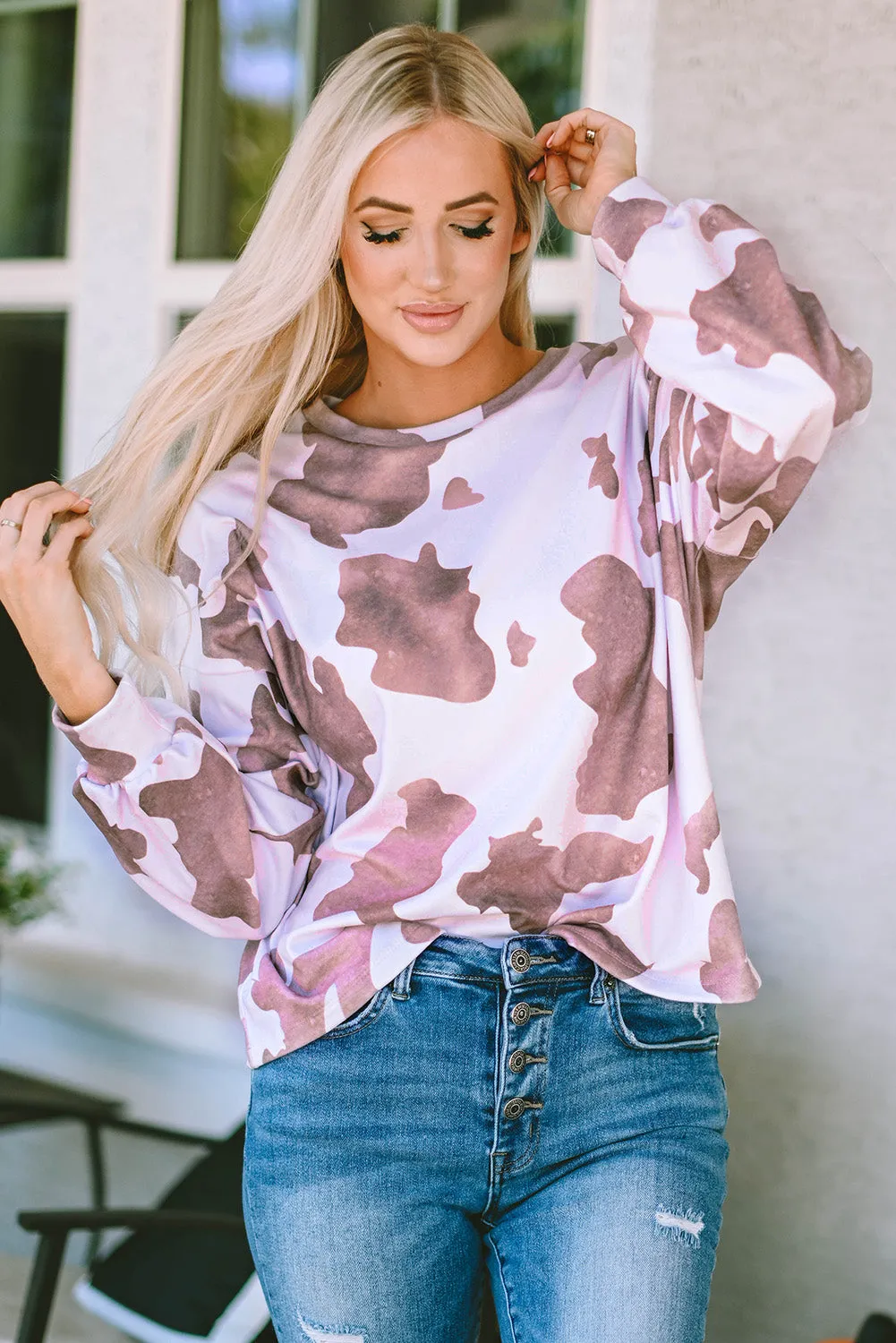 Women's Puff Sleeve Crew Neck Cow Spots Print Sweatshirt