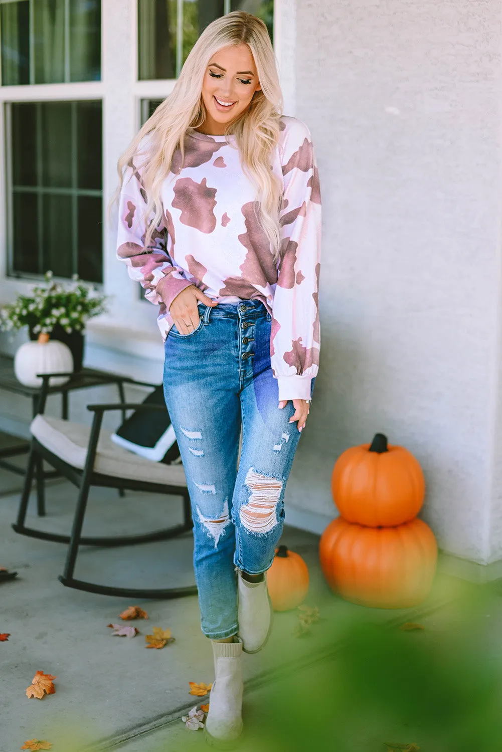 Women's Puff Sleeve Crew Neck Cow Spots Print Sweatshirt