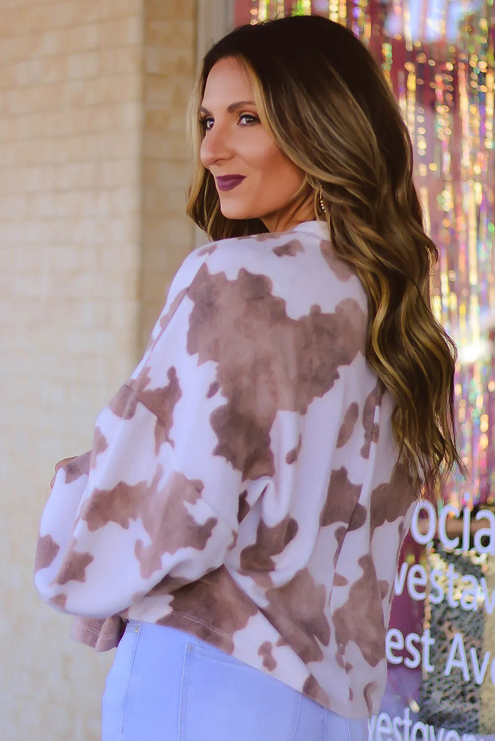 Women's Puff Sleeve Crew Neck Cow Spots Print Sweatshirt
