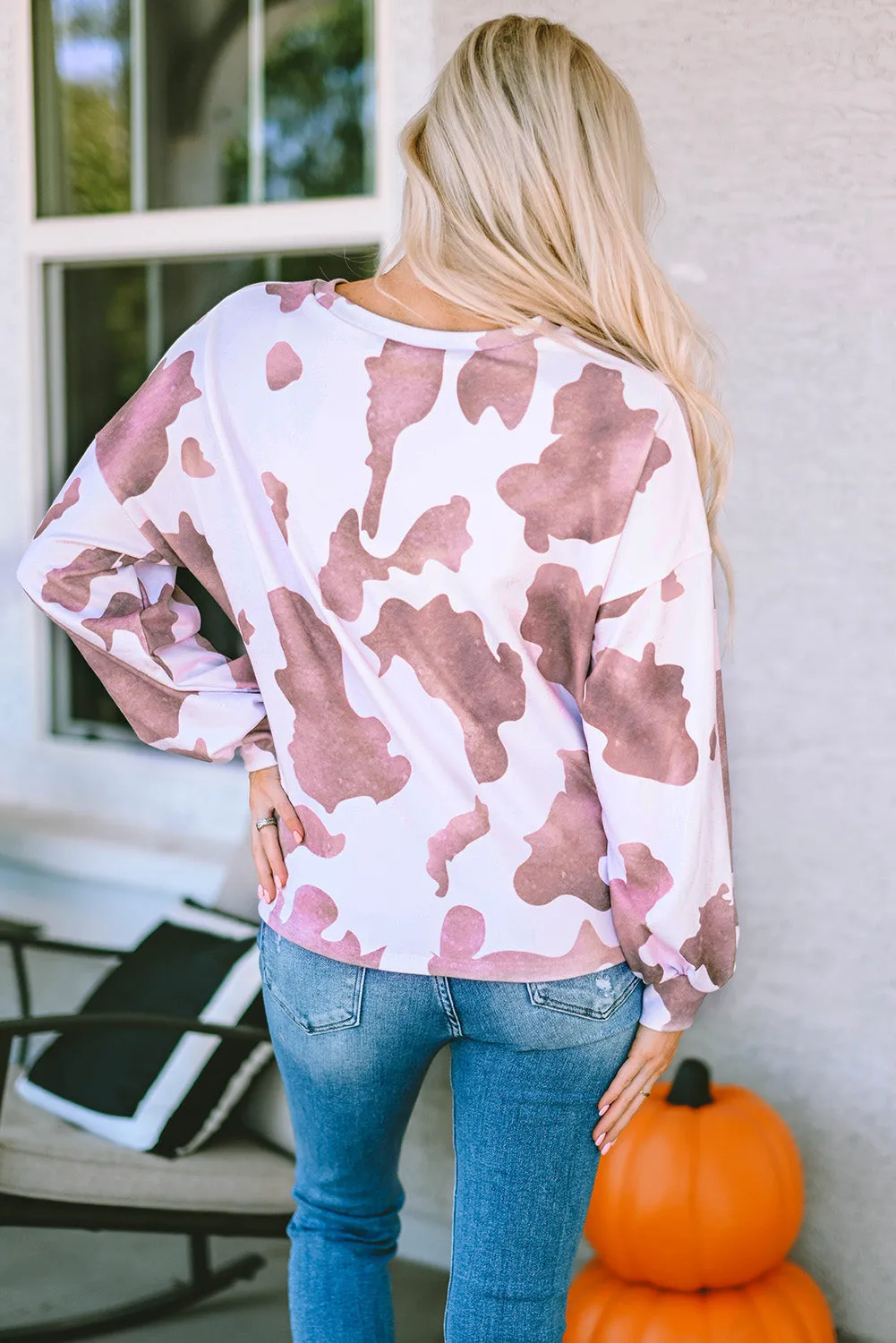 Women's Puff Sleeve Crew Neck Cow Spots Print Sweatshirt