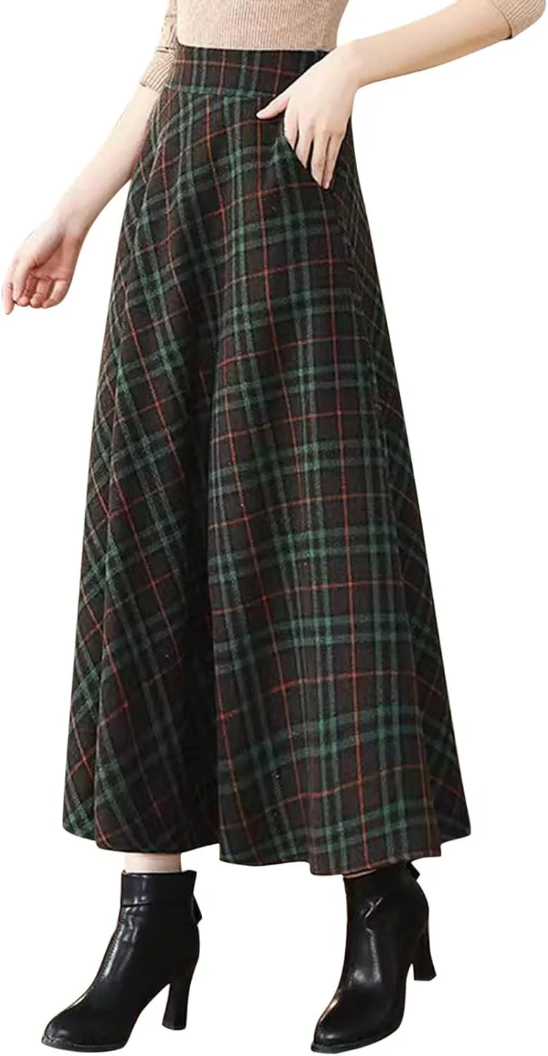 Womens Retro Skirts Casual Length Skirt Classic Plaid High Waisted Pockets Long Skirts for Women Zipper Maxi