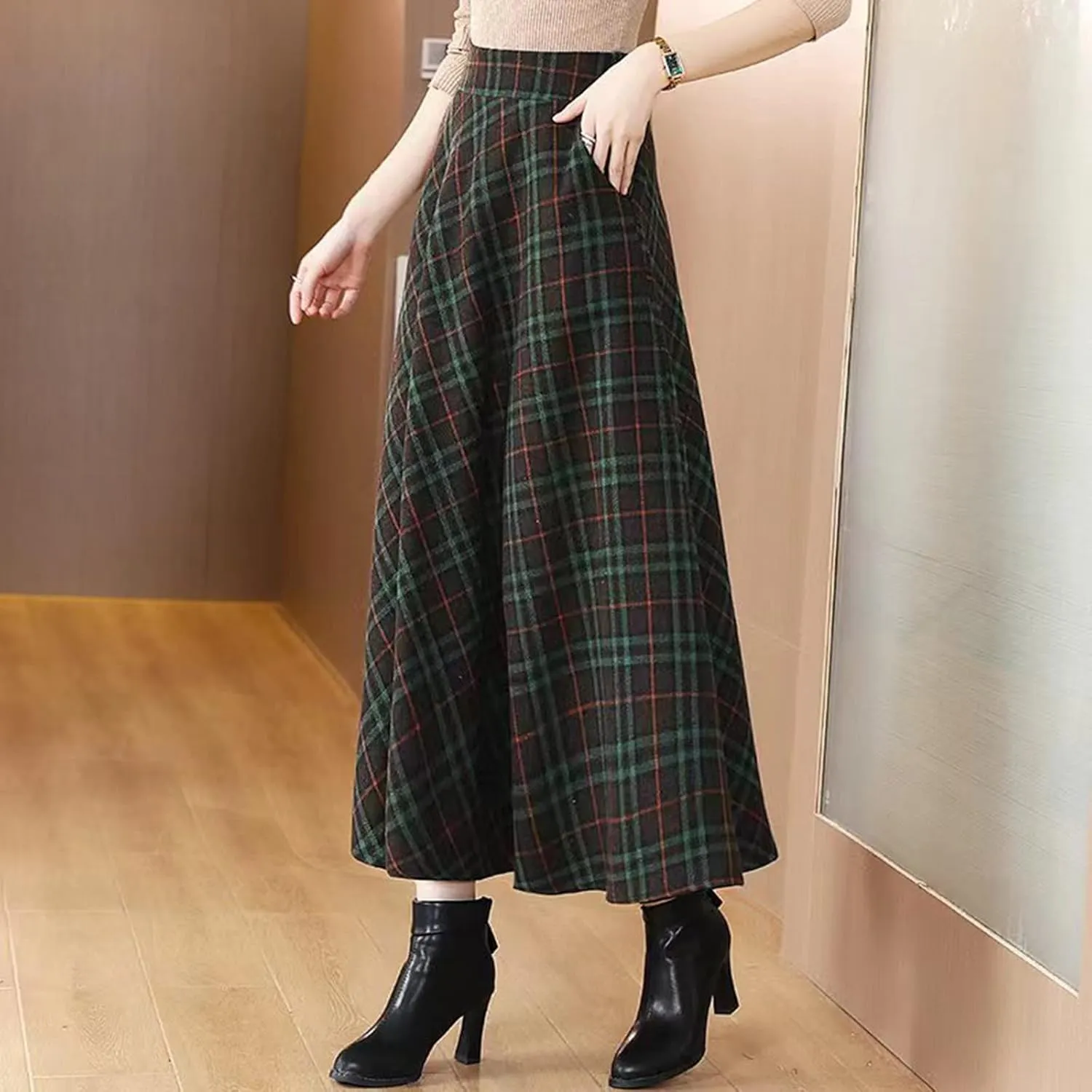 Womens Retro Skirts Casual Length Skirt Classic Plaid High Waisted Pockets Long Skirts for Women Zipper Maxi