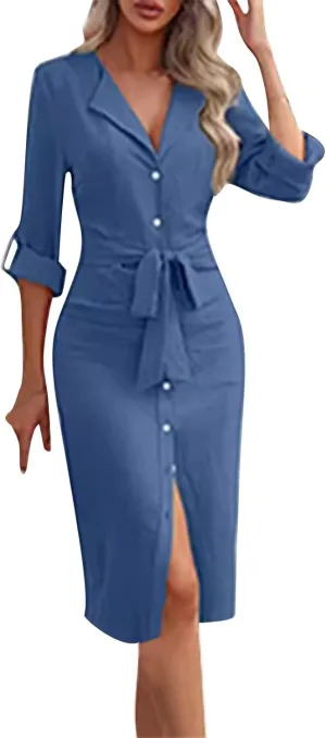 Women's Roll Up Long Sleeve Button Down Shirt Dress Casual Loose Front Split Work Business Dressy Midi Dresses with Belt