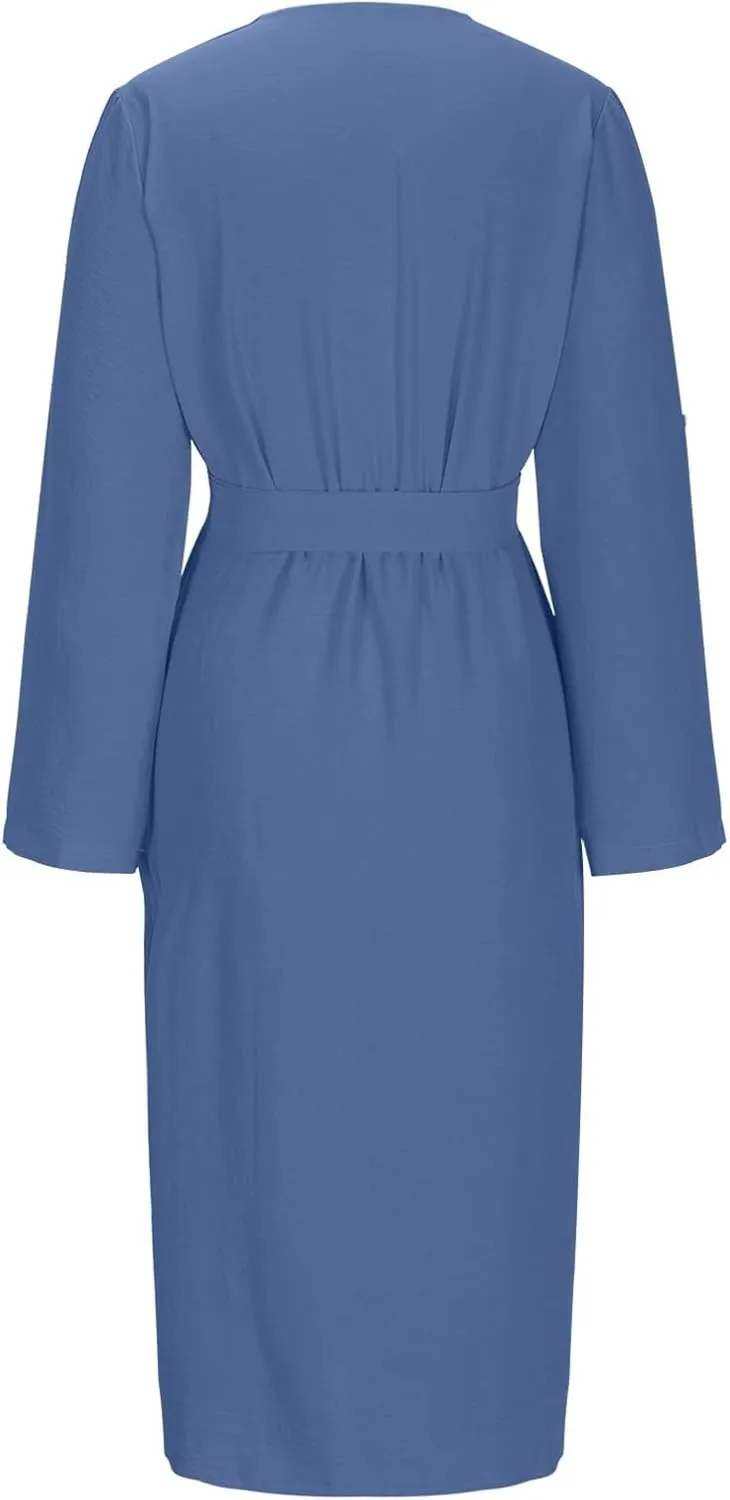 Women's Roll Up Long Sleeve Button Down Shirt Dress Casual Loose Front Split Work Business Dressy Midi Dresses with Belt