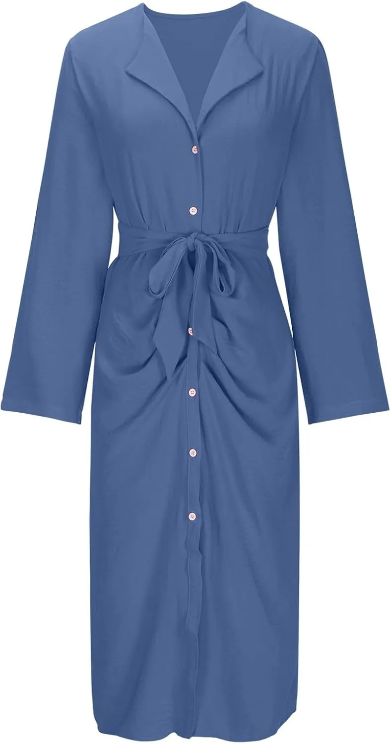 Women's Roll Up Long Sleeve Button Down Shirt Dress Casual Loose Front Split Work Business Dressy Midi Dresses with Belt