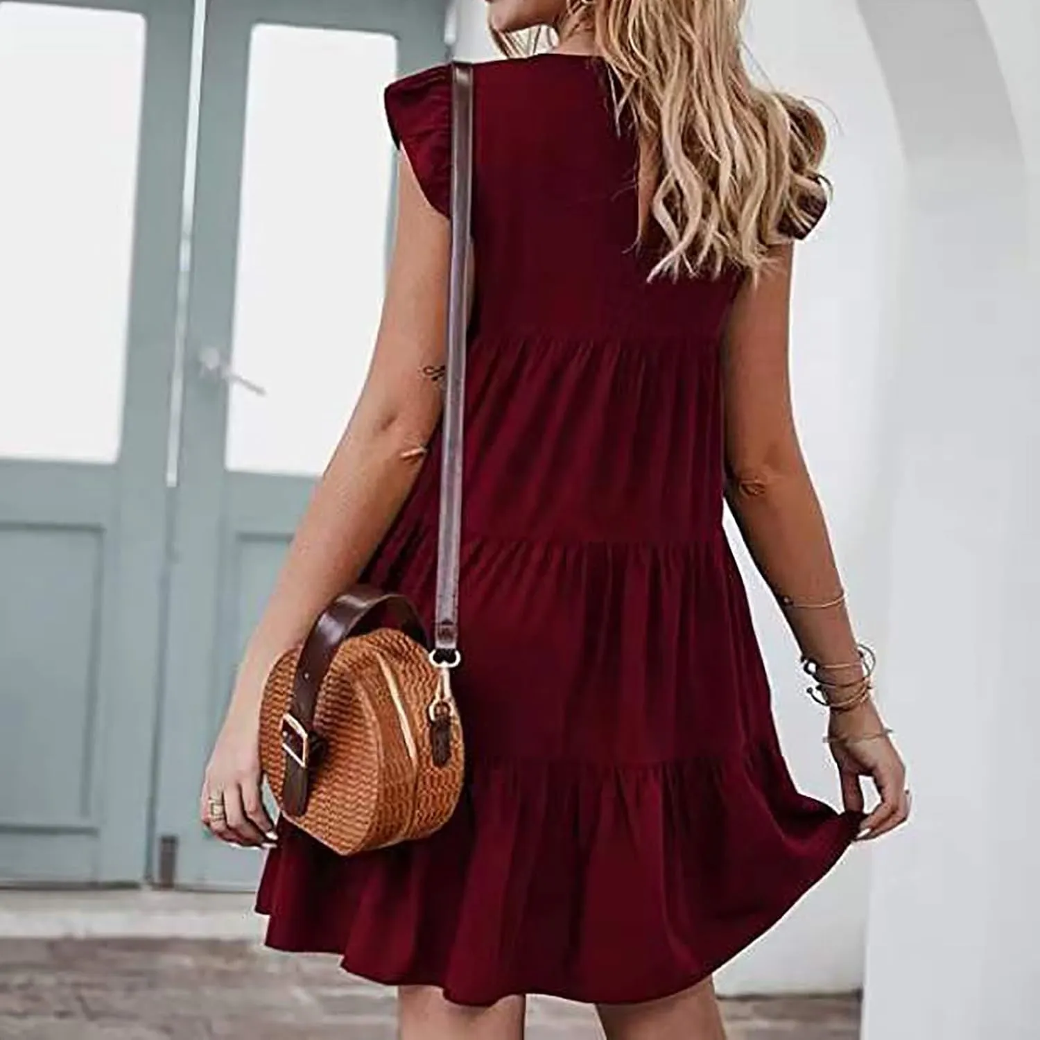 Women's Ruffles Boho Floral Printed Summer Dresses Loose Swing Casual Short Mini T-Shirt Dress