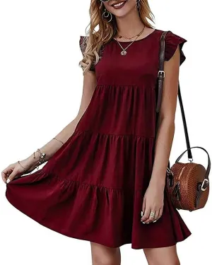 Women's Ruffles Boho Floral Printed Summer Dresses Loose Swing Casual Short Mini T-Shirt Dress