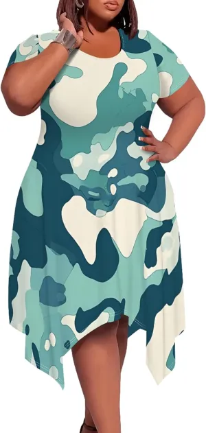 Women's Sexy Curve Fit T-Shirt Dress Plus Size Short Sleeve Midi Dress Camouflage Graphic Print Dress with Pockets