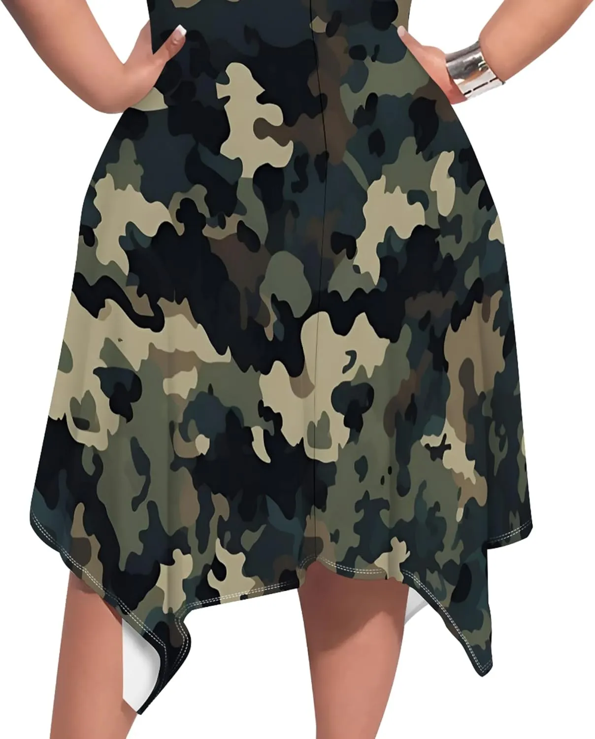 Women's Sexy Curve Fit T-Shirt Dress Plus Size Short Sleeve Midi Dress Camouflage Graphic Print Dress with Pockets