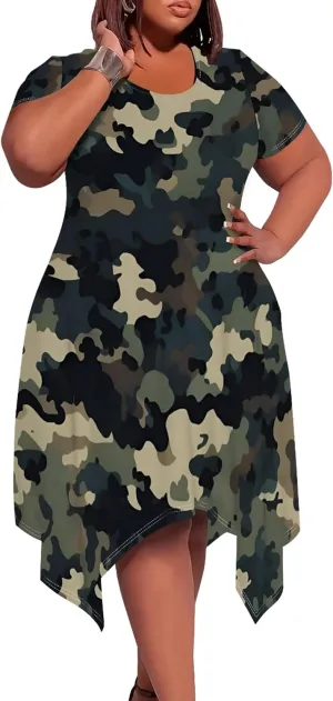Women's Sexy Curve Fit T-Shirt Dress Plus Size Short Sleeve Midi Dress Camouflage Graphic Print Dress with Pockets