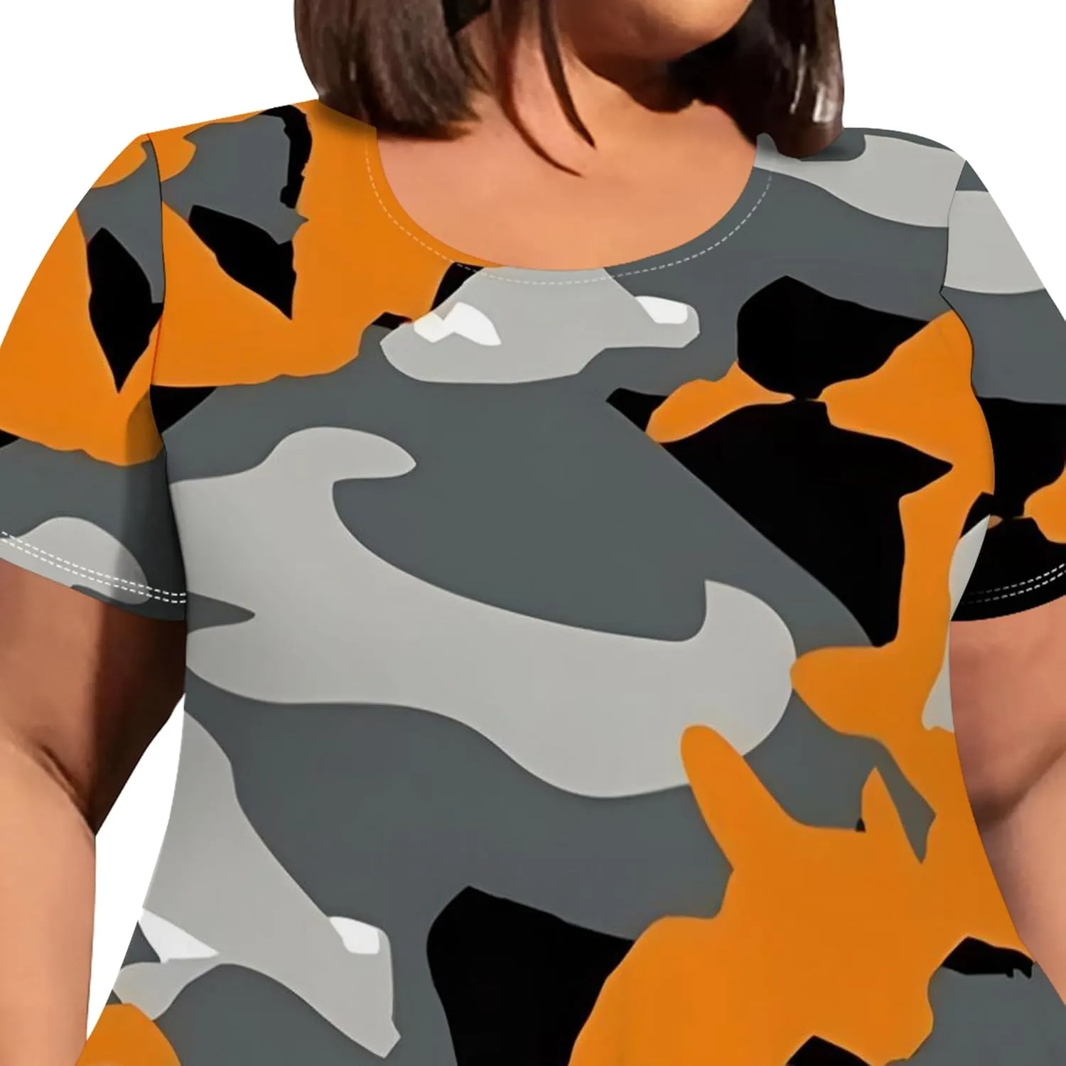 Women's Sexy Curve Fit T-Shirt Dress Plus Size Short Sleeve Midi Dress Camouflage Graphic Print Dress with Pockets
