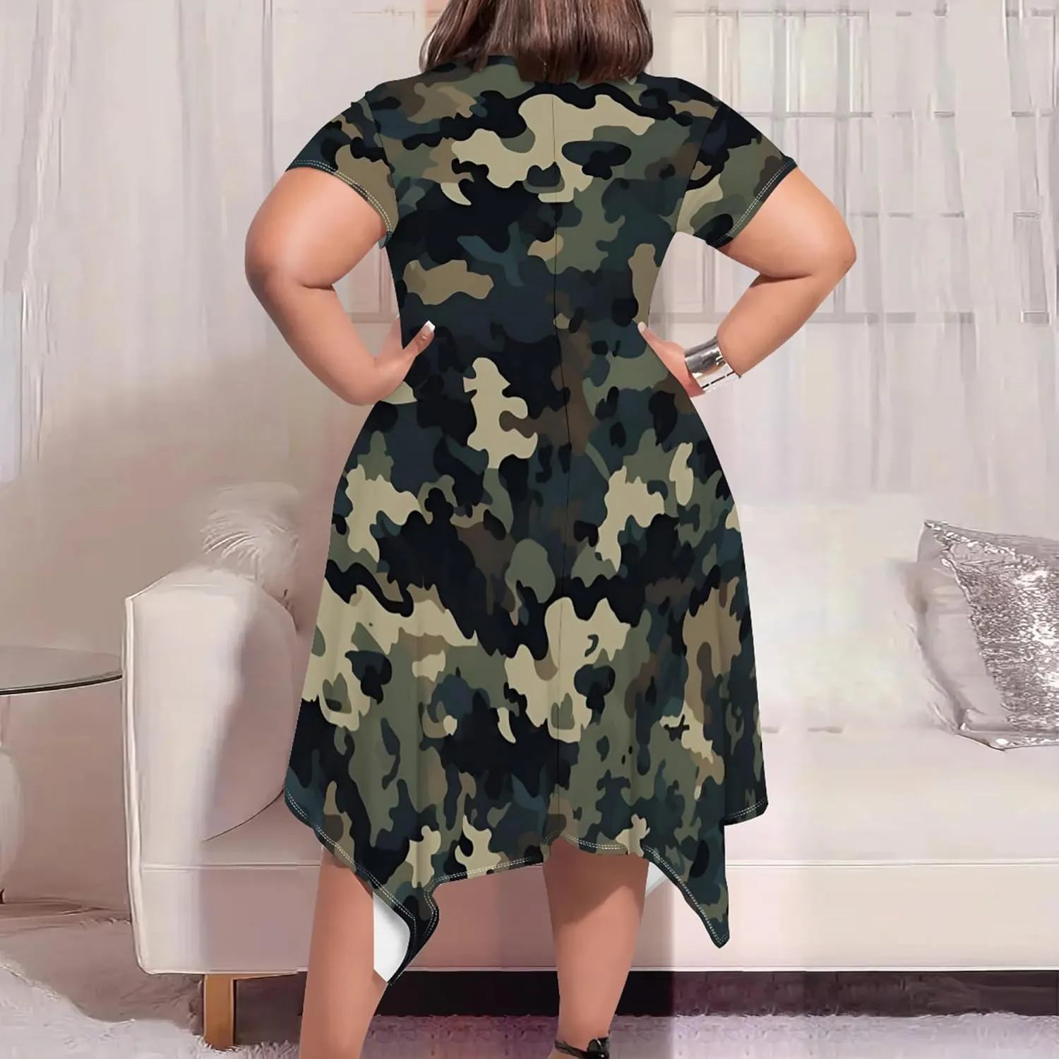 Women's Sexy Curve Fit T-Shirt Dress Plus Size Short Sleeve Midi Dress Camouflage Graphic Print Dress with Pockets