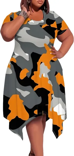 Women's Sexy Curve Fit T-Shirt Dress Plus Size Short Sleeve Midi Dress Camouflage Graphic Print Dress with Pockets